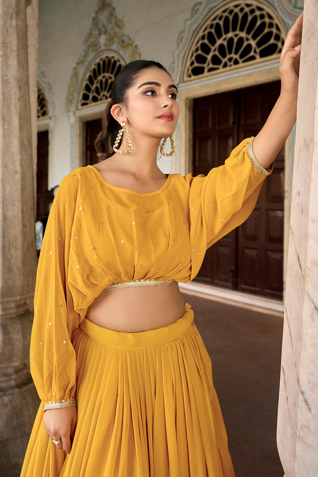 Lorenvalley Yellow Georgette Sequins and Thread Embroidery work ethnic Co-ord Set | Grocsy