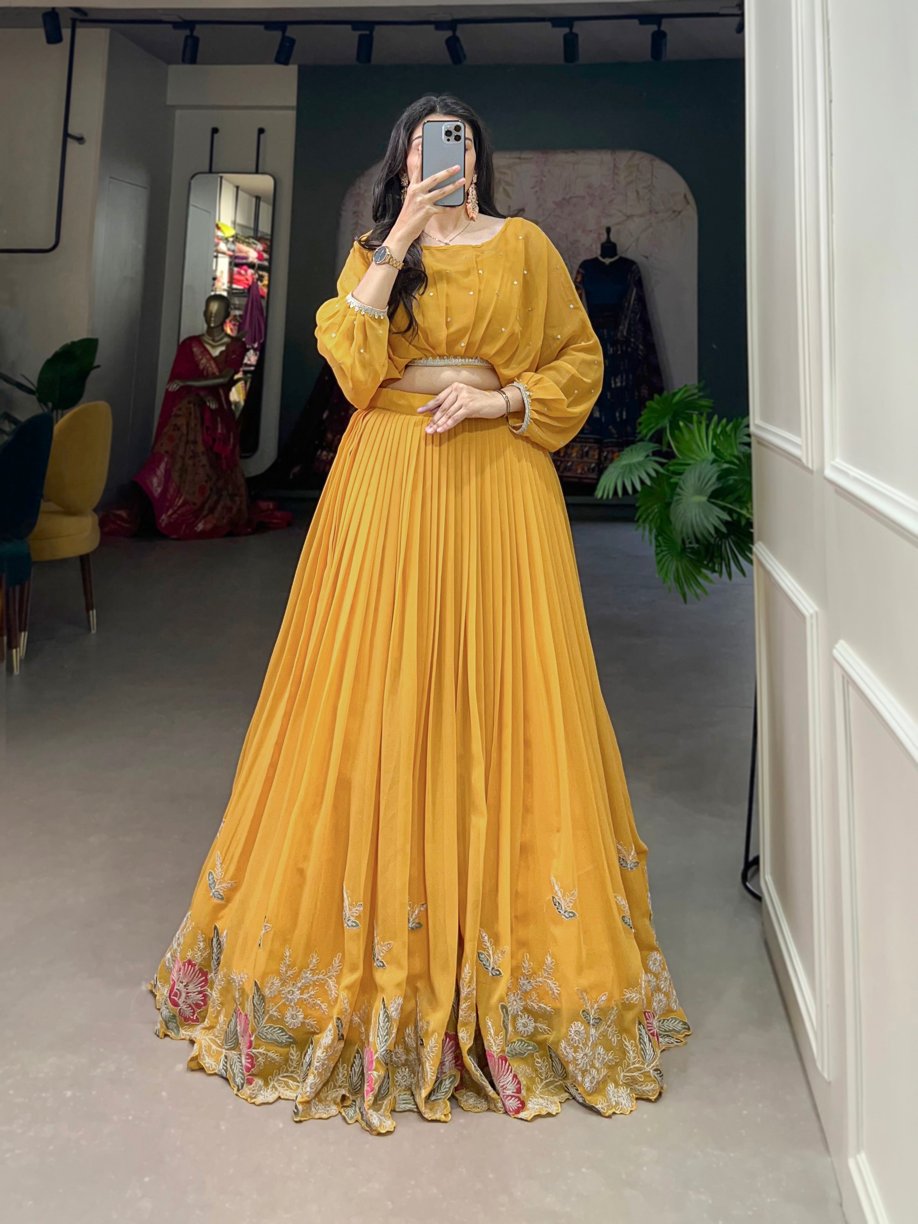Lorenvalley Yellow Georgette Sequins and Thread Embroidery work ethnic Co-ord Set | Grocsy