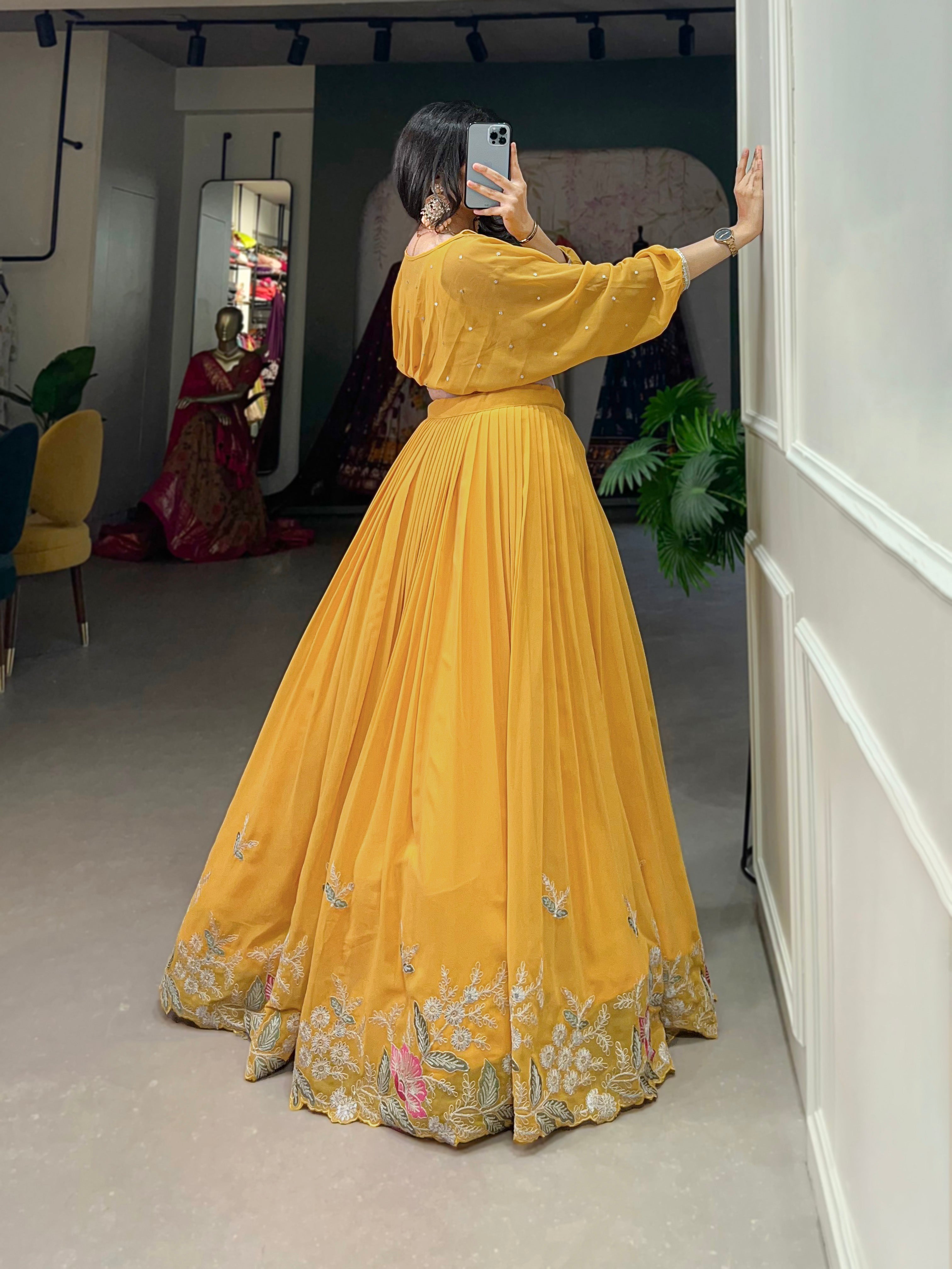 Lorenvalley Yellow Georgette Sequins and Thread Embroidery work ethnic Co-ord Set | Grocsy
