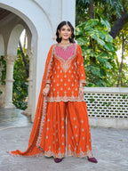 Anaita Orange Chinon Stitched Plazzo Suit With Dhaga & Sequence Work | Grocsy