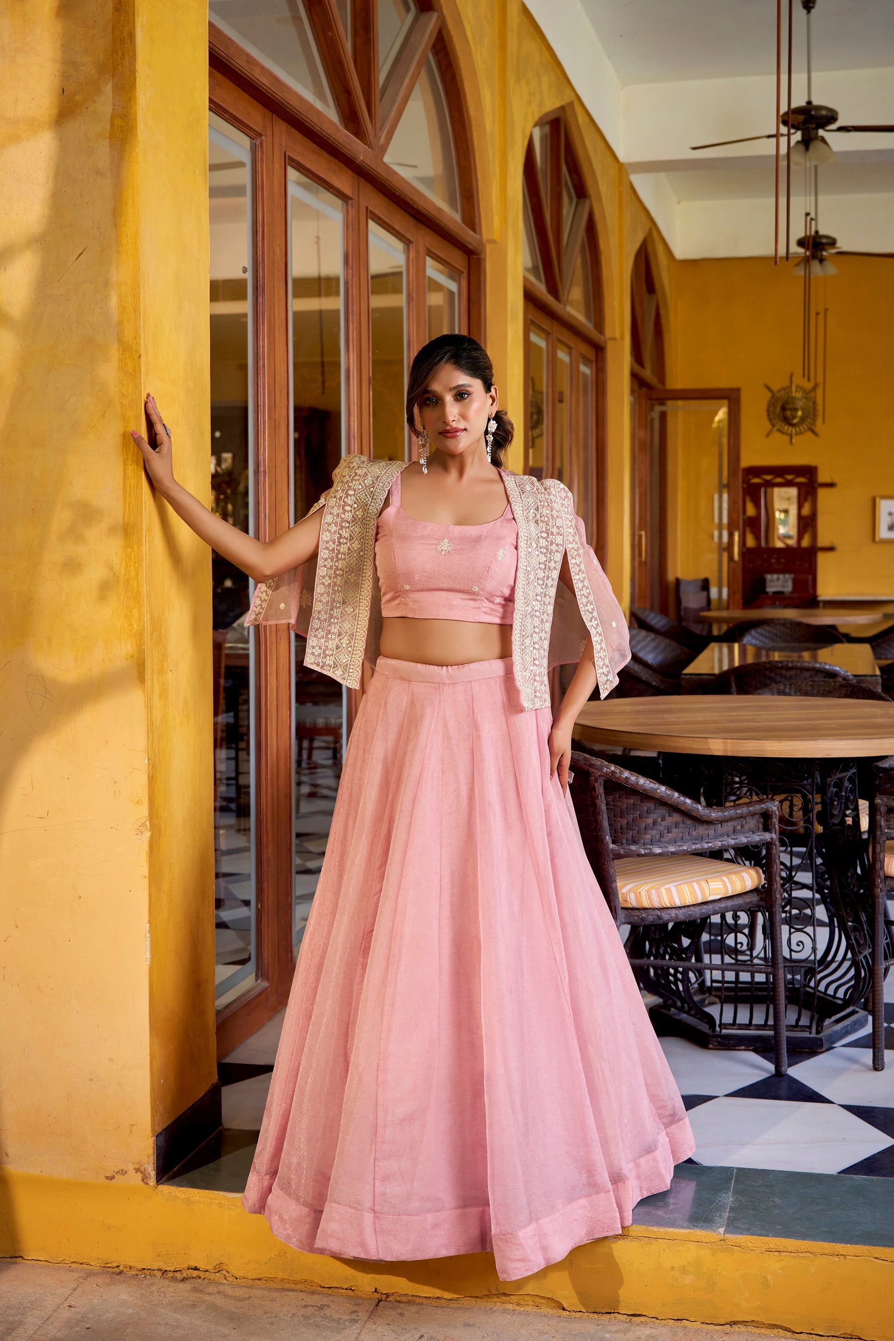 Lorenvalley Fashion Lightpink Allnen Crush Plain Lehenga Choli with Koti | Grocsy