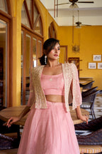 Lorenvalley Fashion Lightpink Allnen Crush Plain Lehenga Choli with Koti | Grocsy