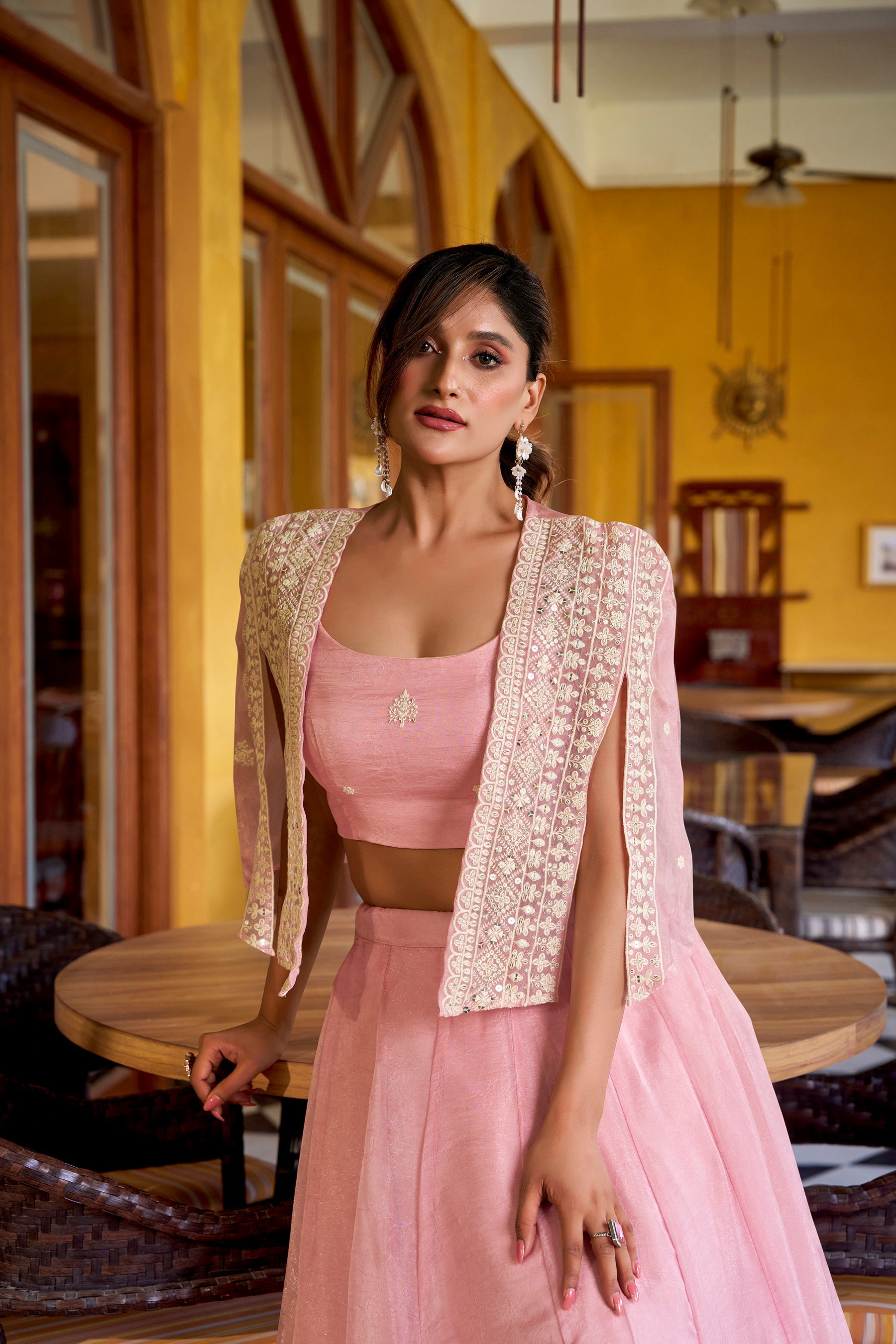Lorenvalley Fashion Lightpink Allnen Crush Plain Lehenga Choli with Koti | Grocsy