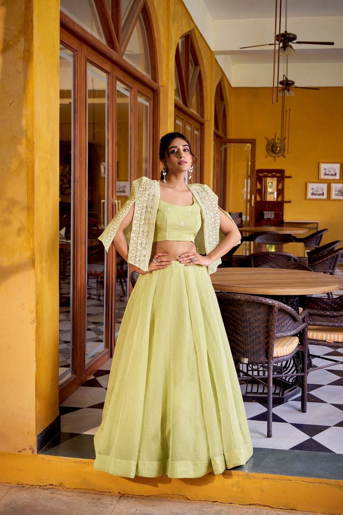 Lorenvalley Fashion Limegreen Allnen Crush Plain Lehenga Choli with Koti | Grocsy