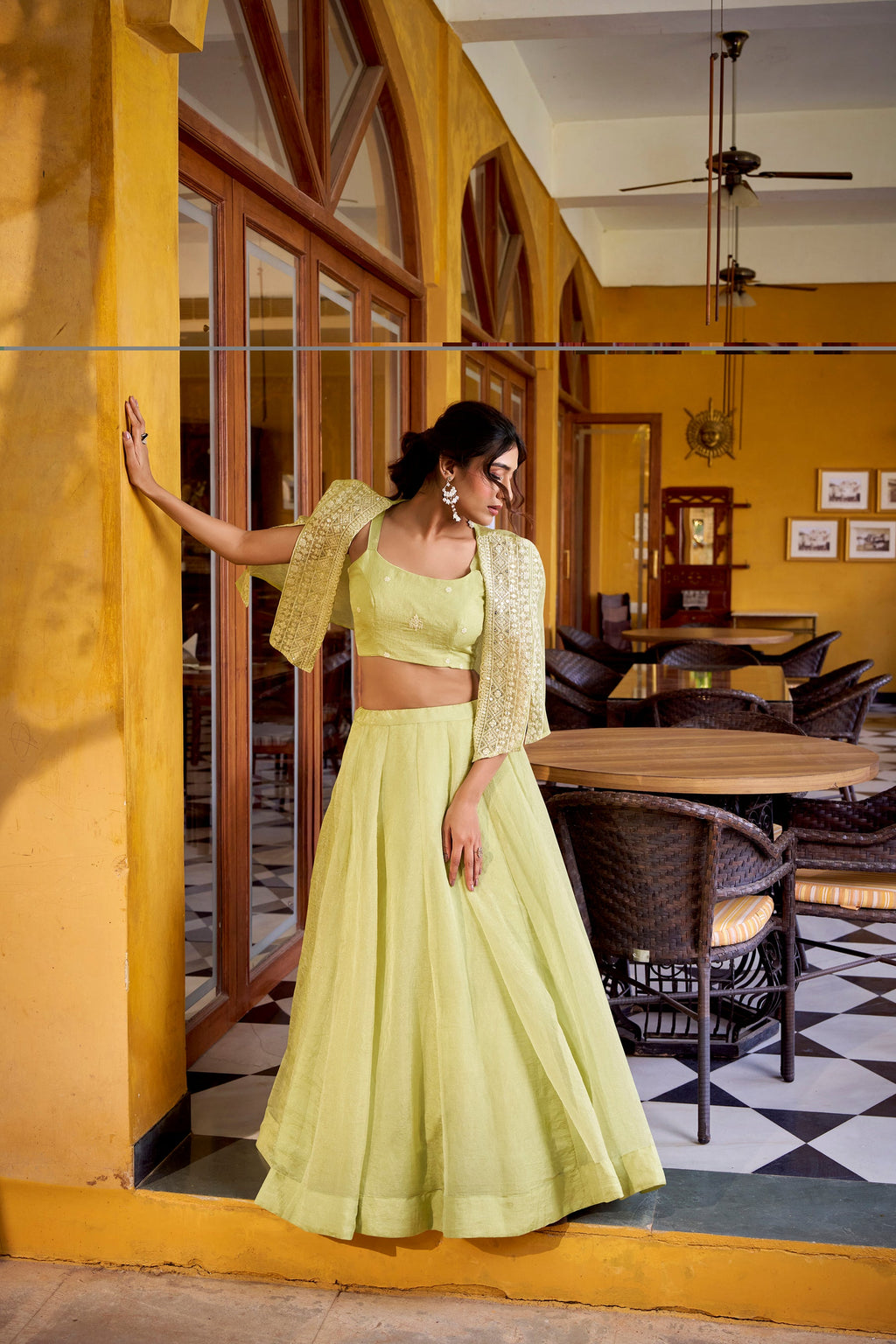 Lorenvalley Fashion Limegreen Allnen Crush Plain Lehenga Choli with Koti | Grocsy
