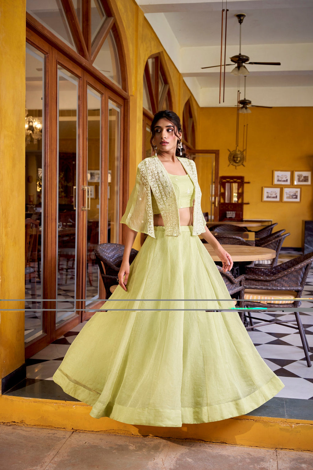 Lorenvalley Fashion Limegreen Allnen Crush Plain Lehenga Choli with Koti | Grocsy