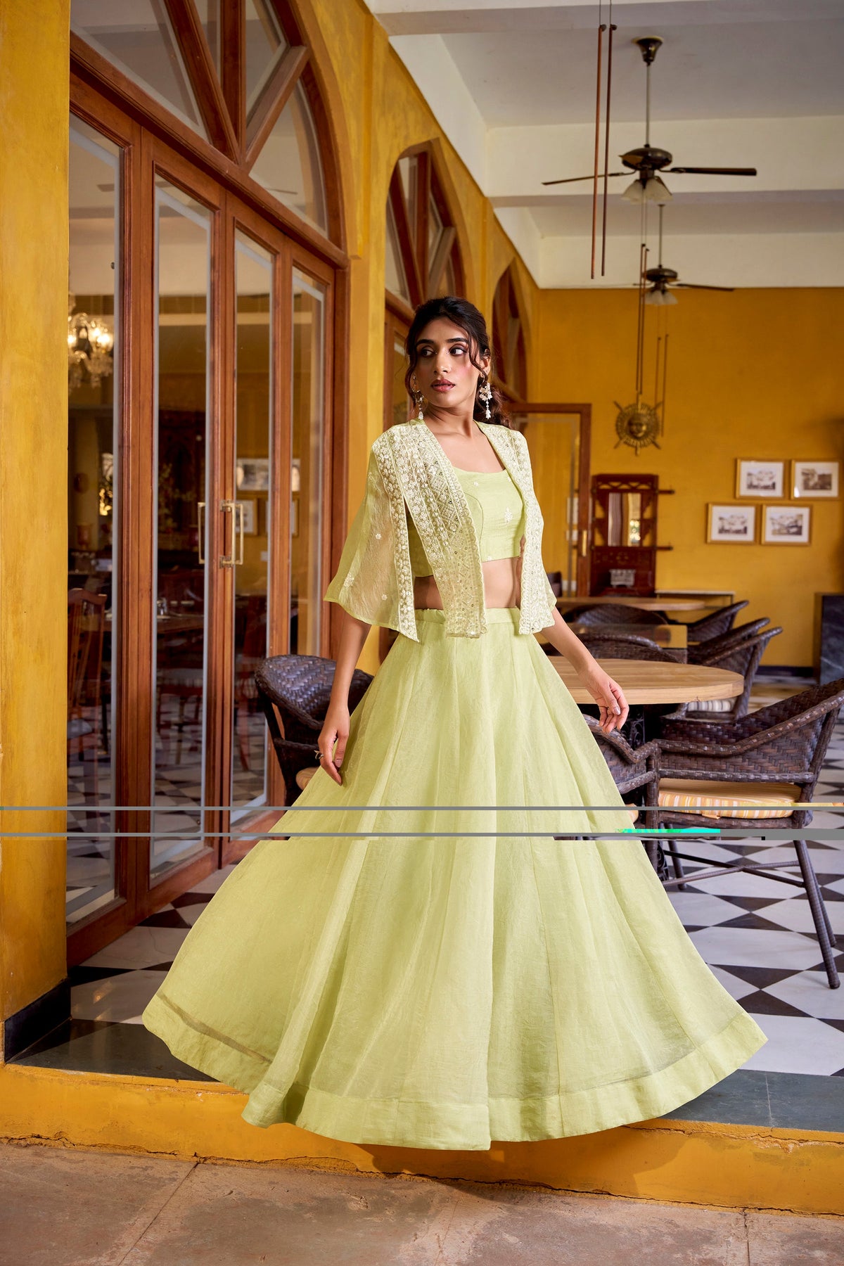 Lorenvalley Fashion Limegreen Allnen Crush Plain Lehenga Choli with Koti | Grocsy
