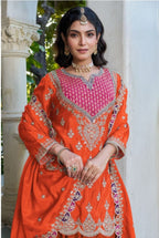 Anaita Orange Chinon Stitched Plazzo Suit With Dhaga & Sequence Work | Grocsy