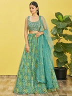 Tulsi Art Rockin Green Mirror Work Organza Mehndi Wear Lehenga Choli | Grocsy