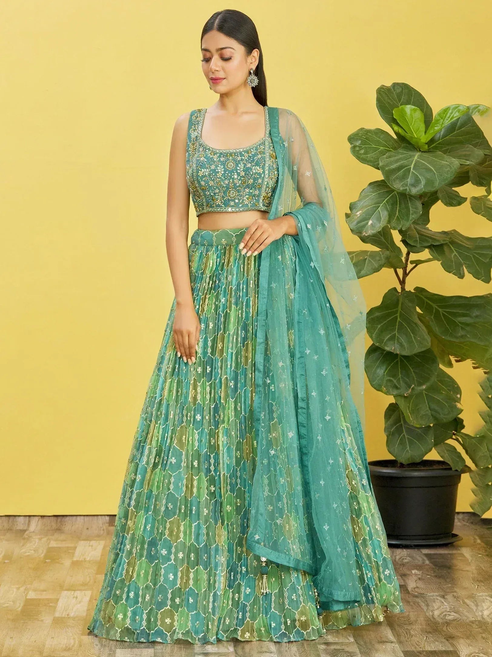 Tulsi Art Rockin Green Mirror Work Organza Mehndi Wear Lehenga Choli | Grocsy