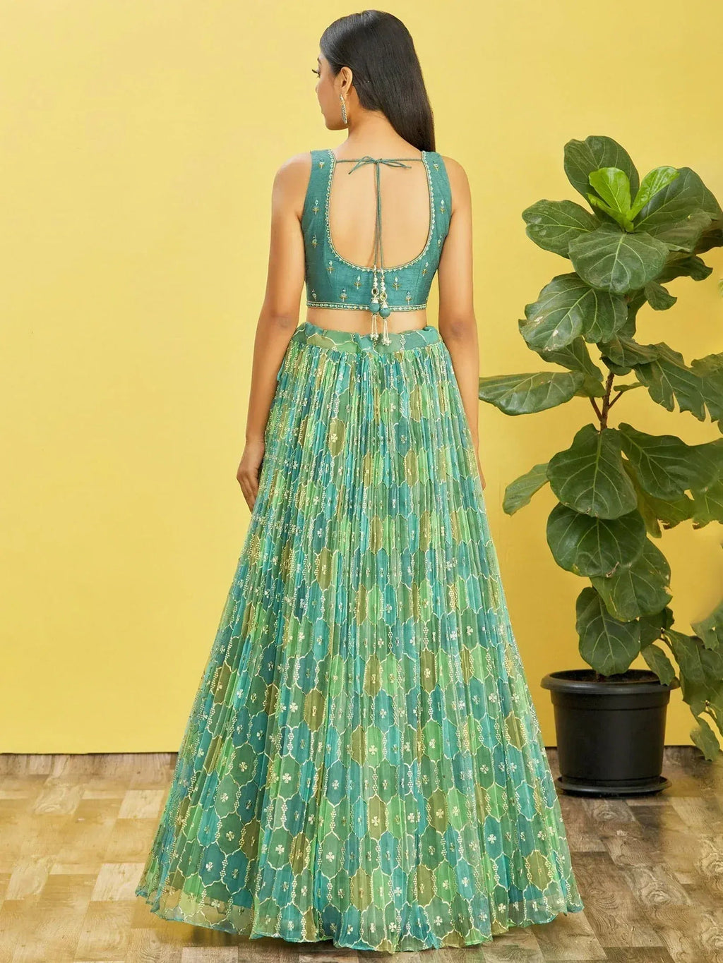 Tulsi Art Rockin Green Mirror Work Organza Mehndi Wear Lehenga Choli | Grocsy