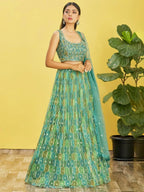 Tulsi Art Rockin Green Mirror Work Organza Mehndi Wear Lehenga Choli | Grocsy