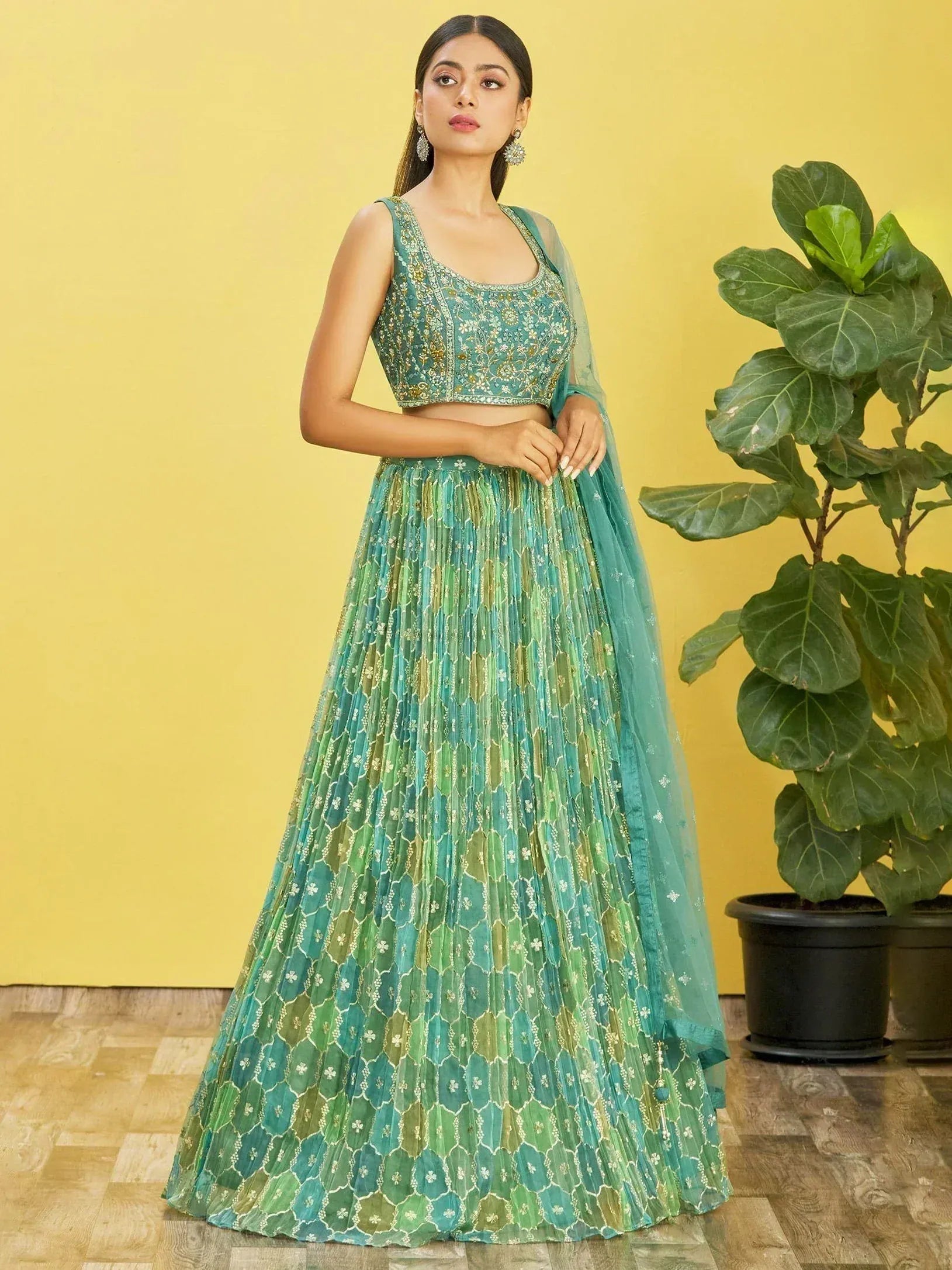 Tulsi Art Rockin Green Mirror Work Organza Mehndi Wear Lehenga Choli | Grocsy