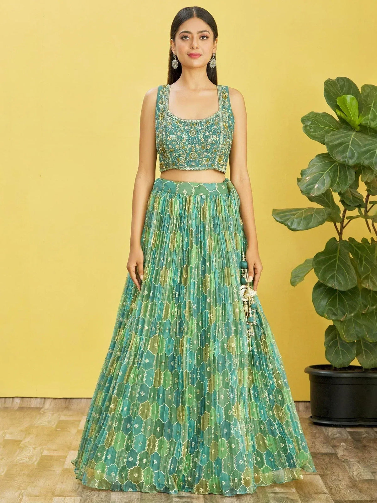 Tulsi Art Rockin Green Mirror Work Organza Mehndi Wear Lehenga Choli | Grocsy