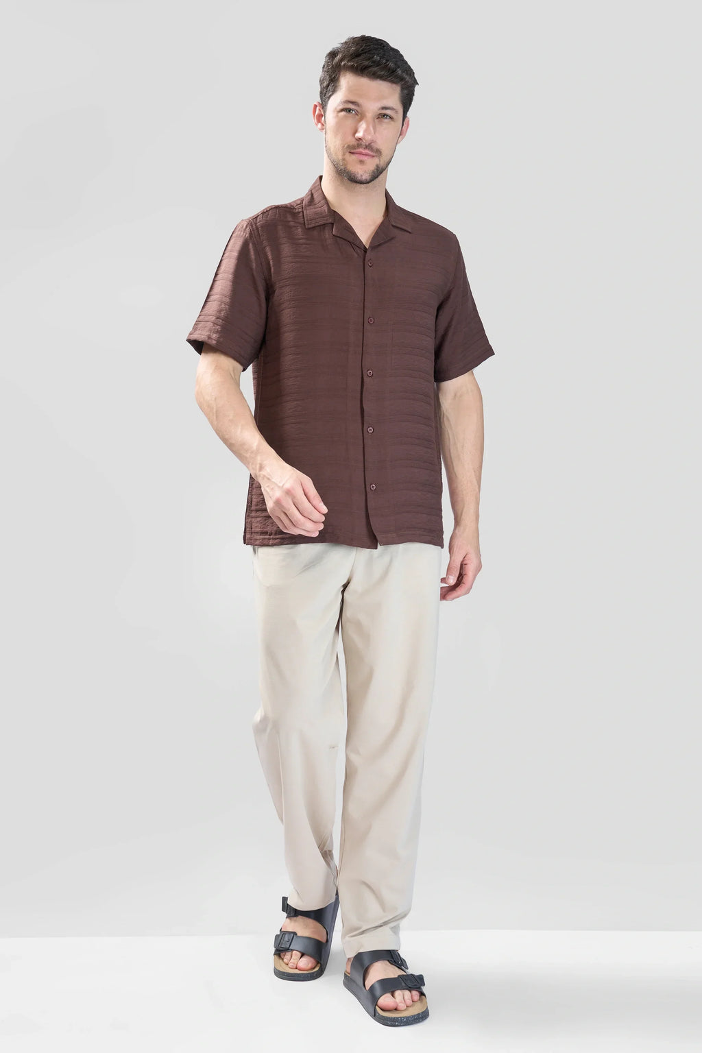 Xkind Brown Horizontal Pleated Stripes Relaxed Fit Shirt | Grocsy