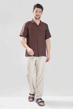 Xkind Brown Horizontal Pleated Stripes Relaxed Fit Shirt | Grocsy