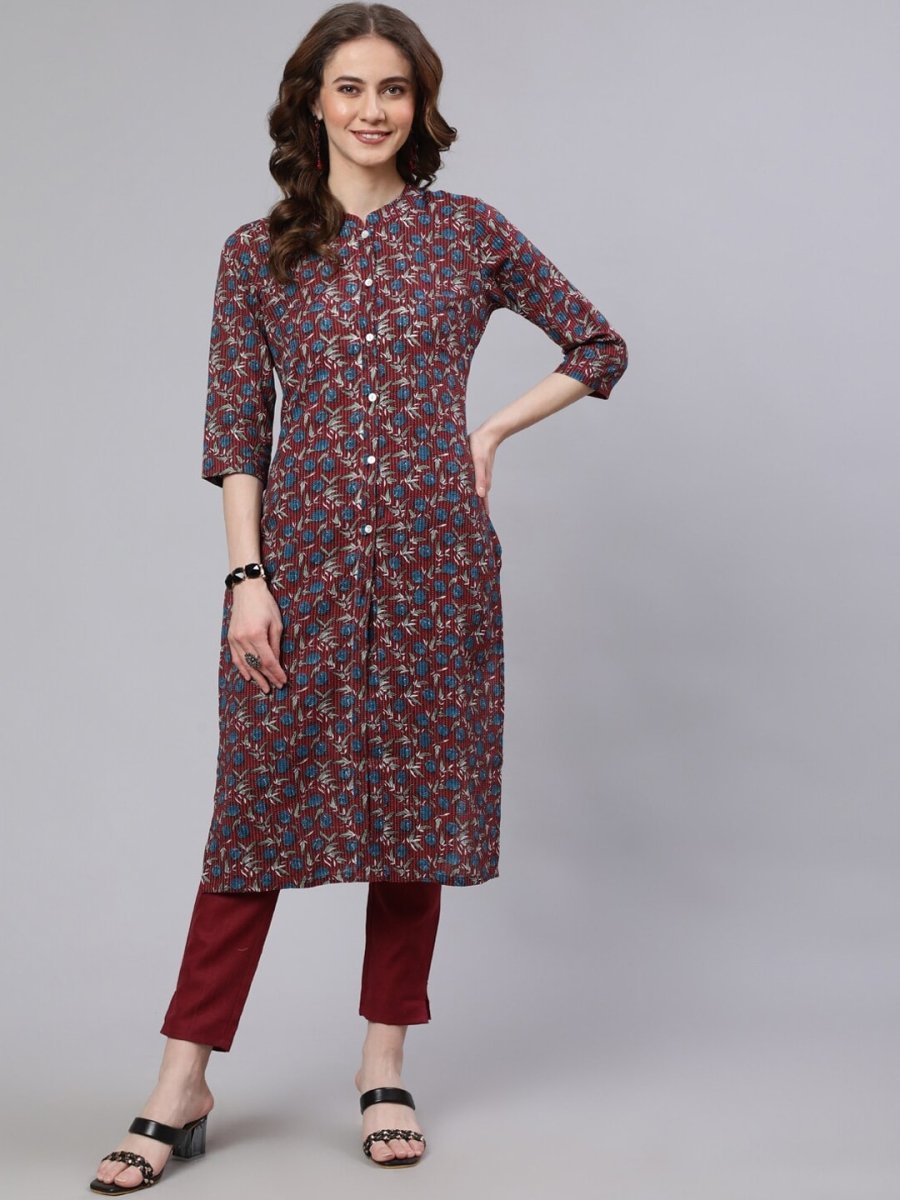 Aks Floral Printed Mandarin Collar Pure Cotton Kurta with Trousers | Grocsy