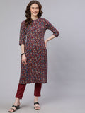 Aks Floral Printed Mandarin Collar Pure Cotton Kurta with Trousers | Grocsy