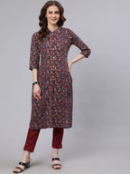 Aks Floral Printed Mandarin Collar Pure Cotton Kurta with Trousers | Grocsy