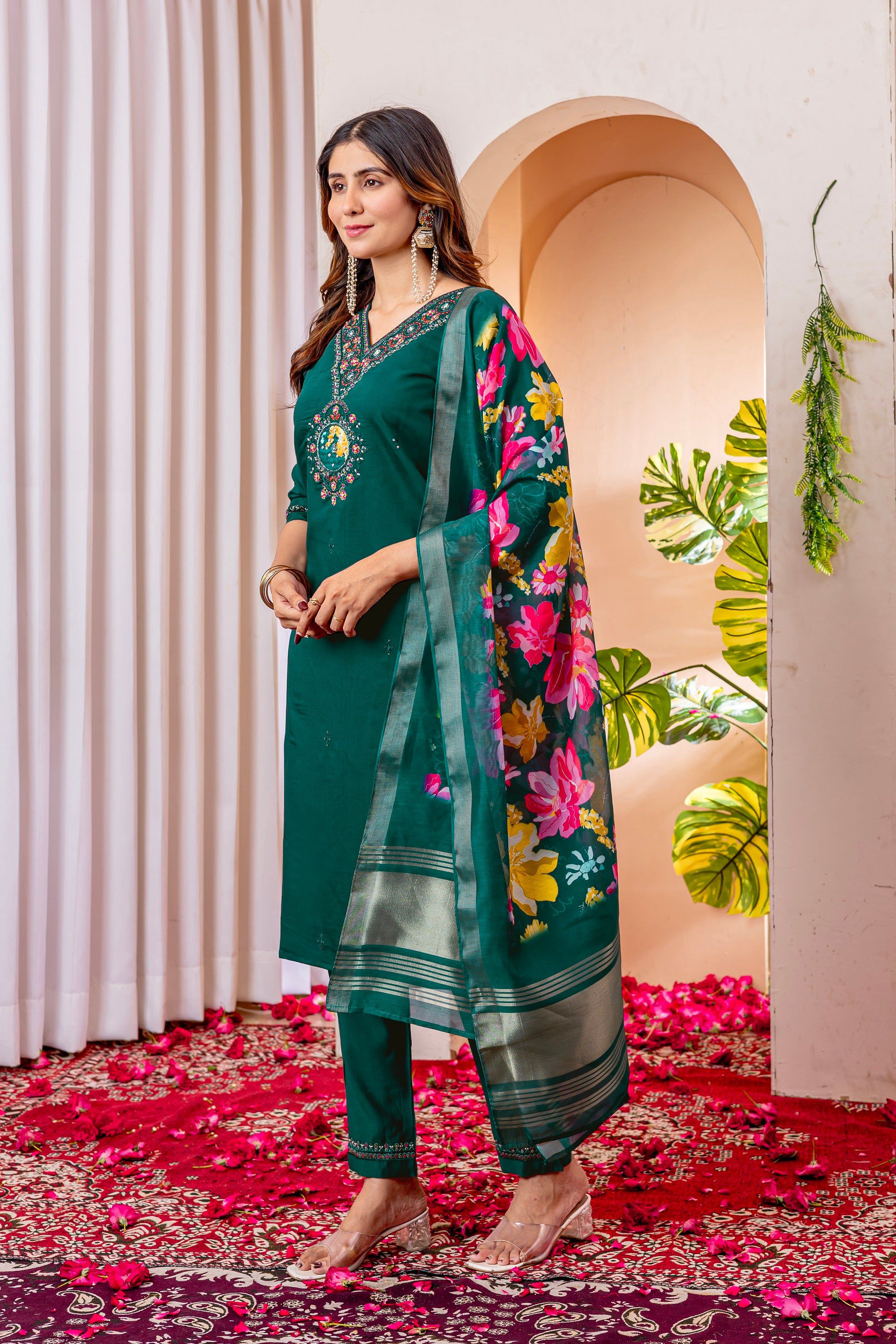 Vedant Vastram Viscose Silk Embroidery & Sequence Work Stitched Kurta Pant Dupatta Set-Green | Grocsy