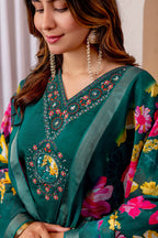 Vedant Vastram Viscose Silk Embroidery & Sequence Work Stitched Kurta Pant Dupatta Set-Green | Grocsy