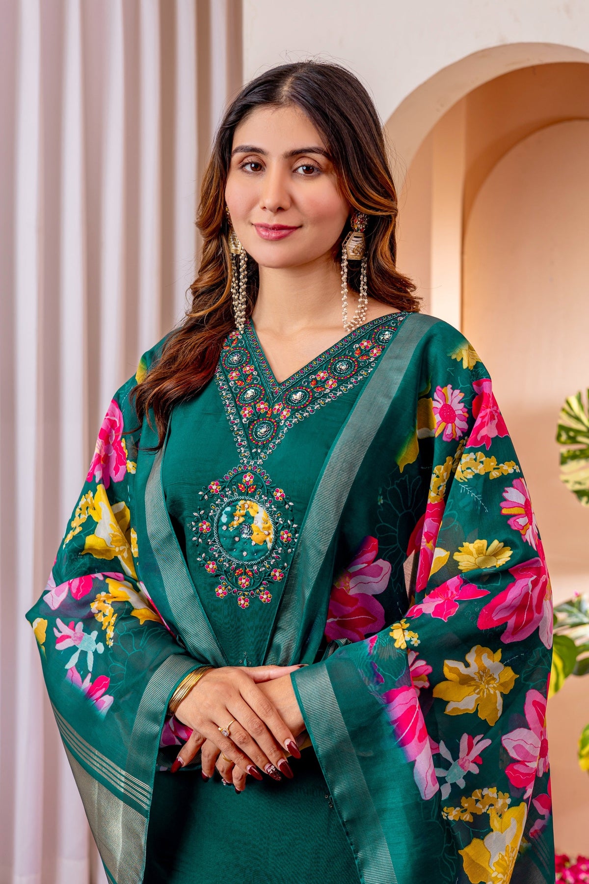 Vedant Vastram Viscose Silk Embroidery & Sequence Work Stitched Kurta Pant Dupatta Set-Green | Grocsy