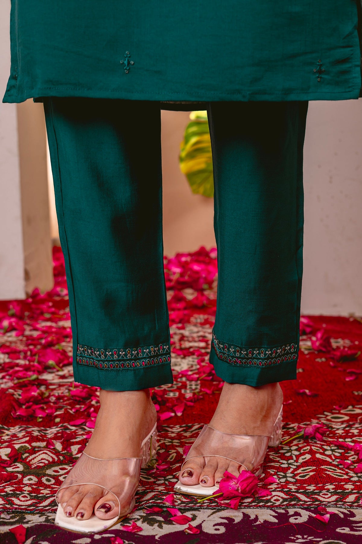 Vedant Vastram Viscose Silk Embroidery & Sequence Work Stitched Kurta Pant Dupatta Set-Green | Grocsy