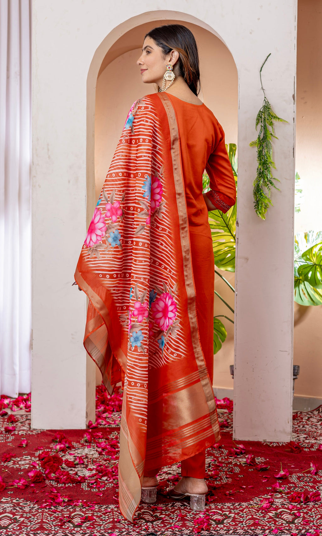 Vedant Vastram Viscose Silk Embroidery & Sequence Work Stitched Kurta Pant Dupatta Set-Orange | Grocsy