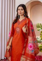 Vedant Vastram Viscose Silk Embroidery & Sequence Work Stitched Kurta Pant Dupatta Set-Orange | Grocsy