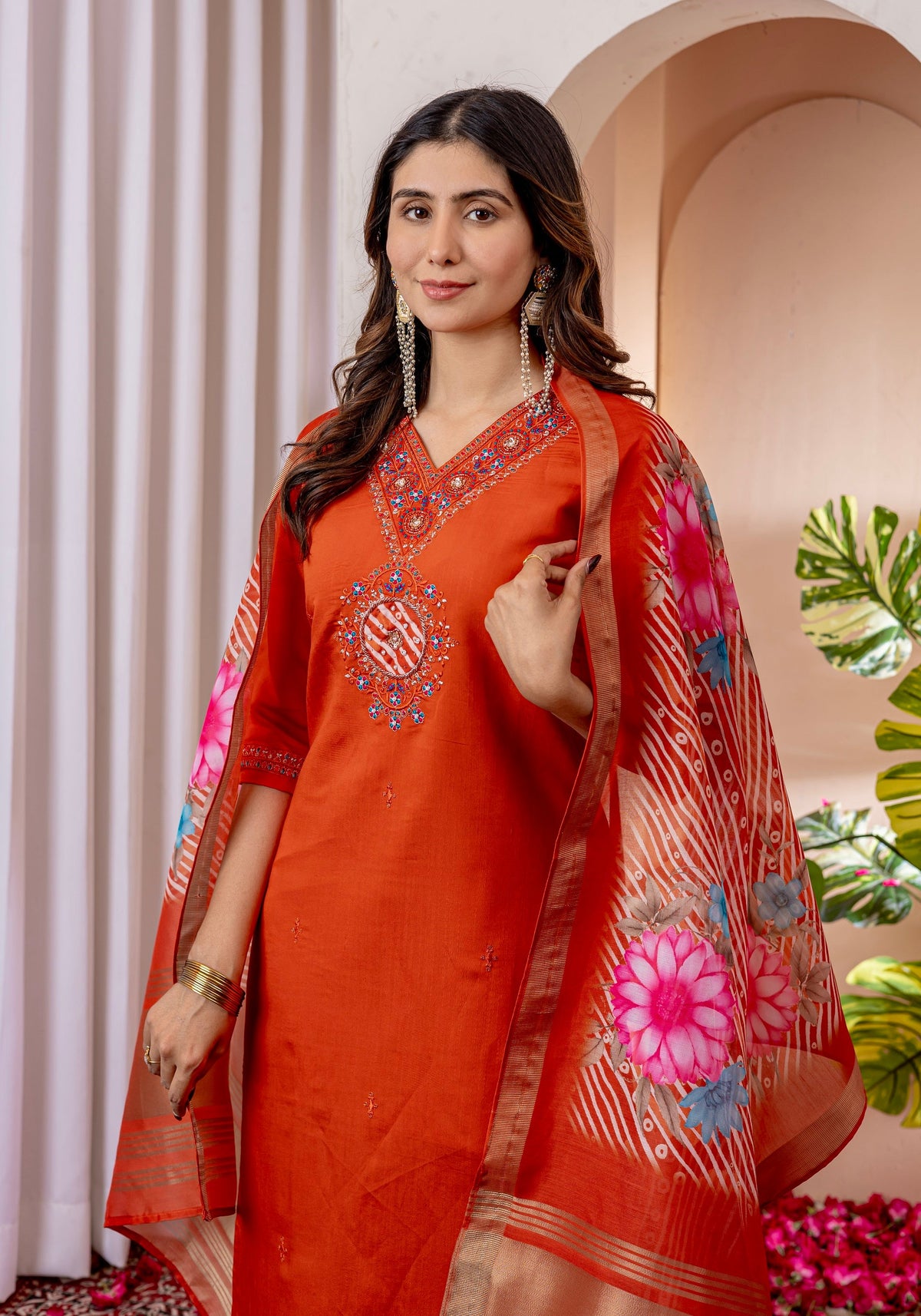 Vedant Vastram Viscose Silk Embroidery & Sequence Work Stitched Kurta Pant Dupatta Set-Orange | Grocsy