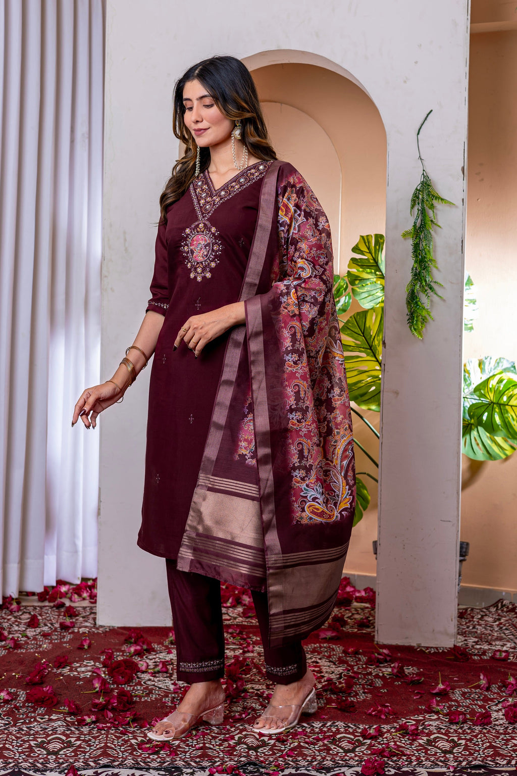 Vedant Vastram Viscose Silk Embroidery & Sequence Work Stitched Kurta Pant Dupatta Set-Wine | Grocsy