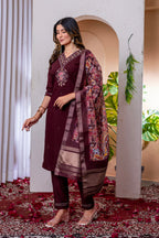 Vedant Vastram Viscose Silk Embroidery & Sequence Work Stitched Kurta Pant Dupatta Set-Wine | Grocsy