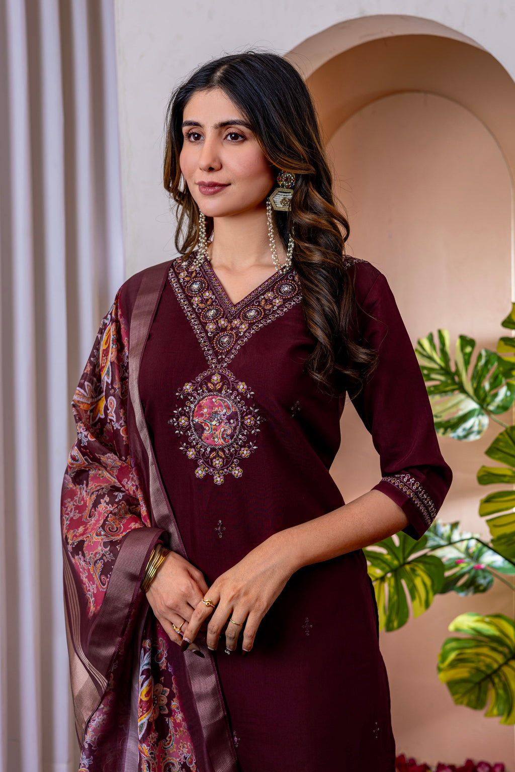 Vedant Vastram Viscose Silk Embroidery & Sequence Work Stitched Kurta Pant Dupatta Set-Wine | Grocsy