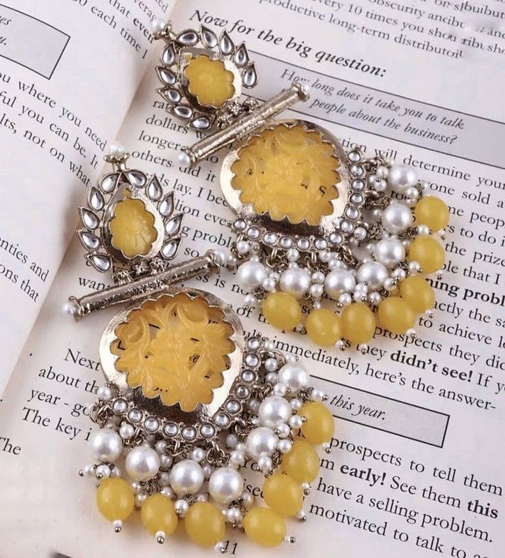 Tehzeeb Creations Latest Gold Polish Kundan & Pearl Studded Designer Drop Long Earrings For Women And Girls Yellow | Grocsy