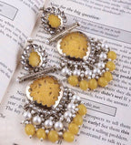 Tehzeeb Creations Latest Gold Polish Kundan & Pearl Studded Designer Drop Long Earrings For Women And Girls Yellow | Grocsy