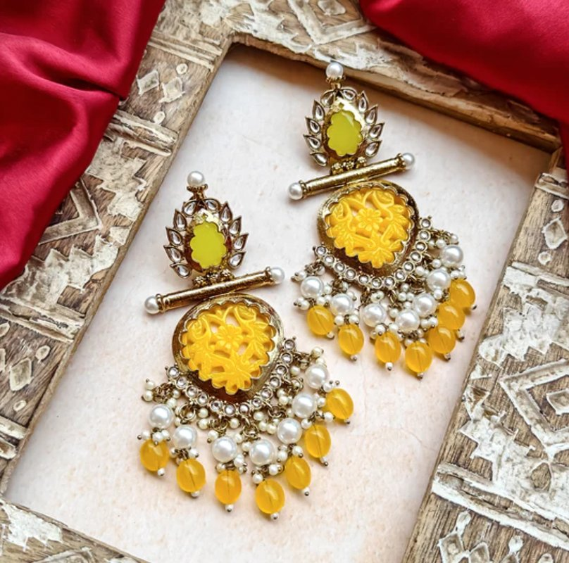 Tehzeeb Creations Latest Gold Polish Kundan & Pearl Studded Designer Drop Long Earrings For Women And Girls Yellow | Grocsy
