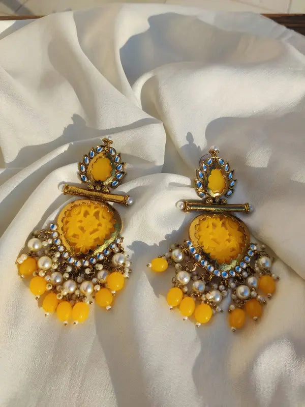 Tehzeeb Creations Latest Gold Polish Kundan & Pearl Studded Designer Drop Long Earrings For Women And Girls Yellow | Grocsy