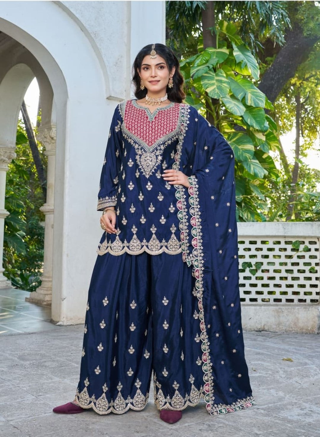 Anaita Navy Chinon Stitched Plazzo Suit With Dhaga & Sequence Work | Grocsy