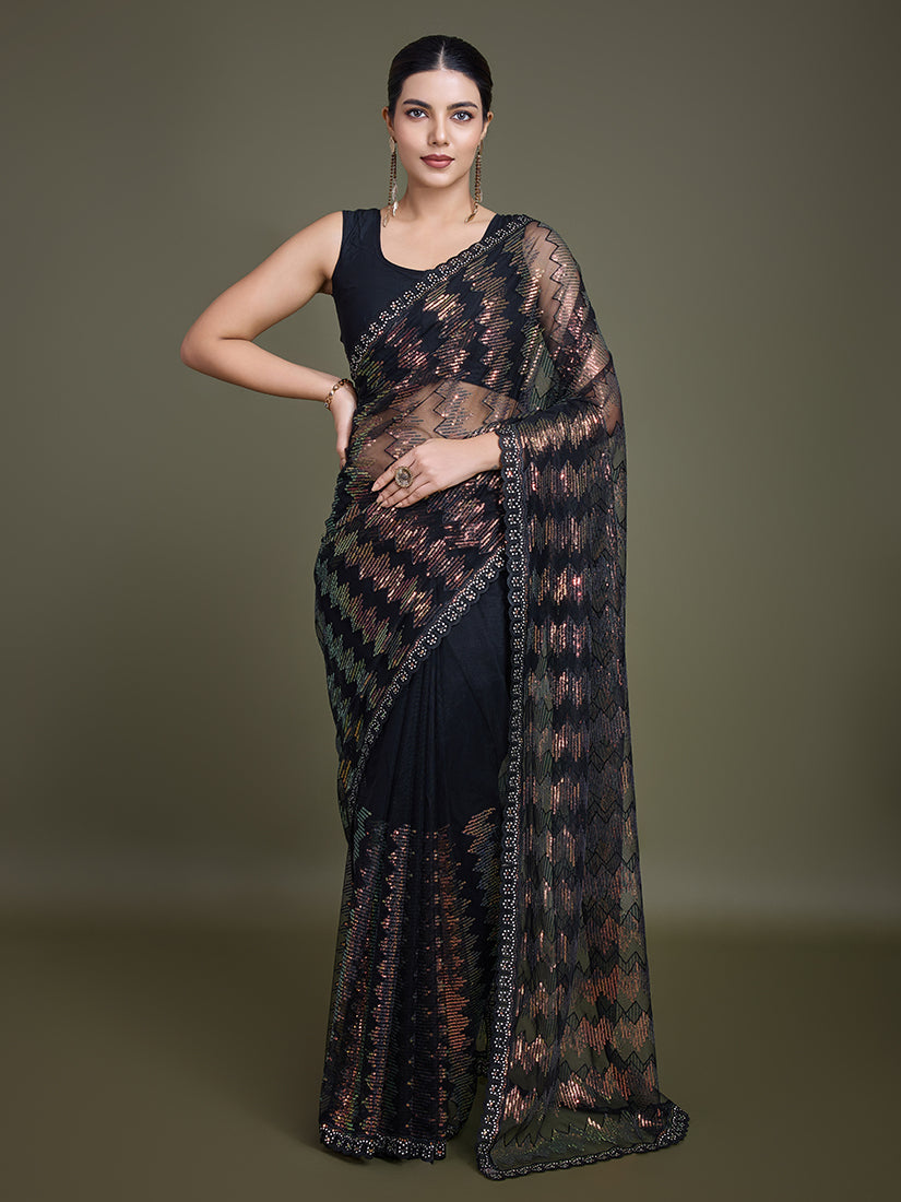 Monjolika Fashion Sequin Black Color Net Ultimate Party Wear Fashion Saree | Grocsy