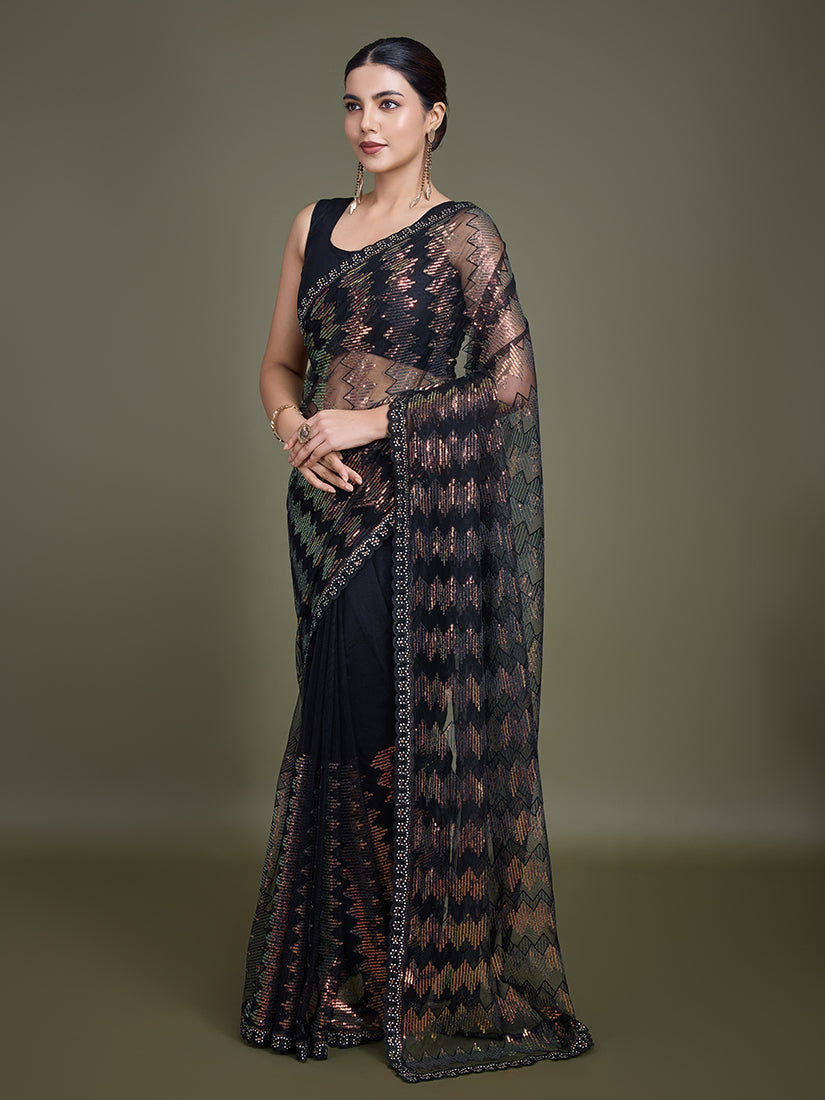 Monjolika Fashion Sequin Black Color Net Ultimate Party Wear Fashion Saree | Grocsy