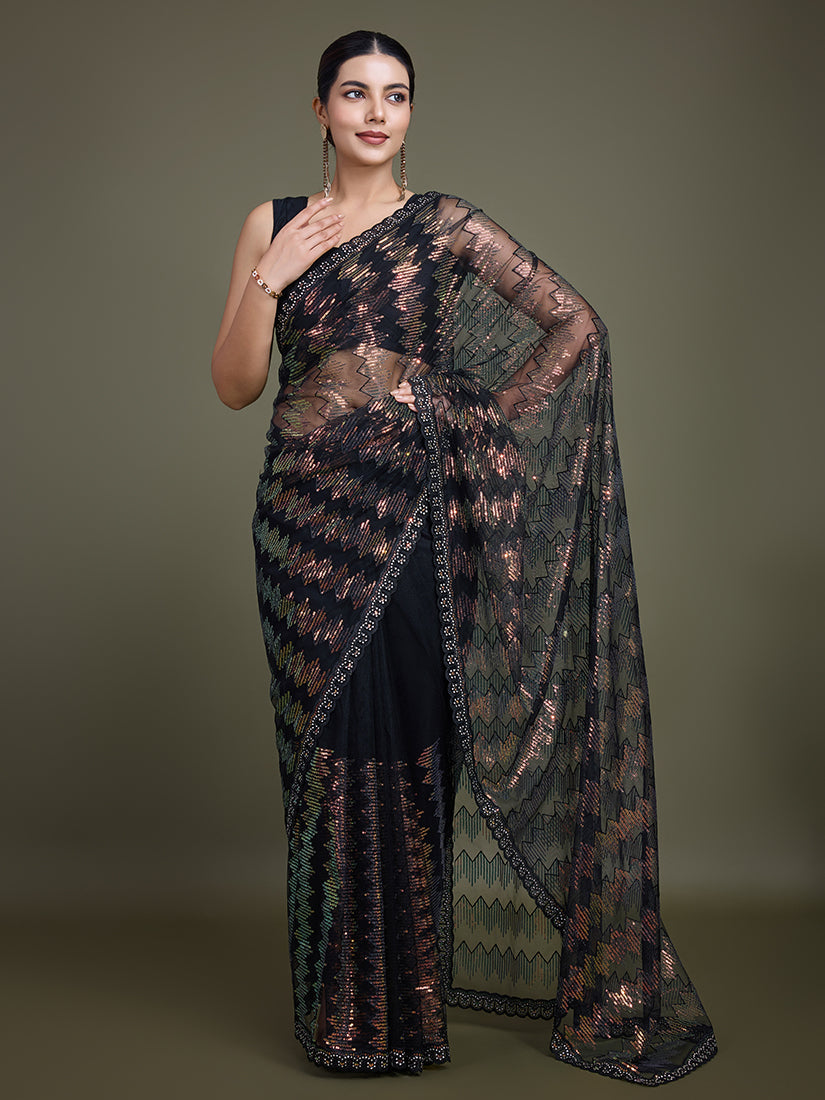 Monjolika Fashion Sequin Black Color Net Ultimate Party Wear Fashion Saree | Grocsy