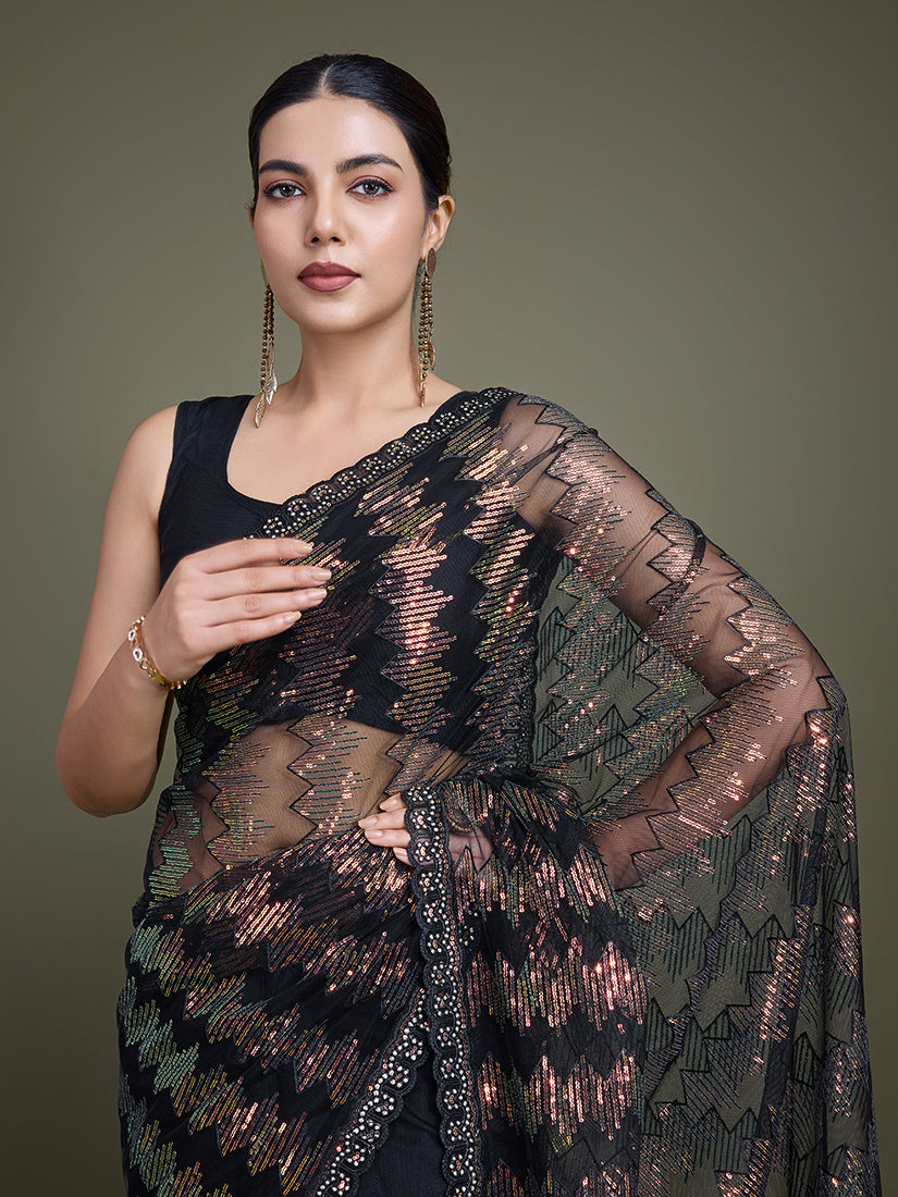 Monjolika Fashion Sequin Black Color Net Ultimate Party Wear Fashion Saree | Grocsy