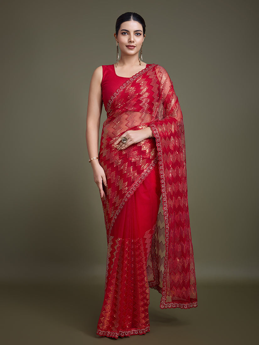 Monjolika Fashion Sequin Red Color Net Ultimate Party Wear Fashion Saree | Grocsy
