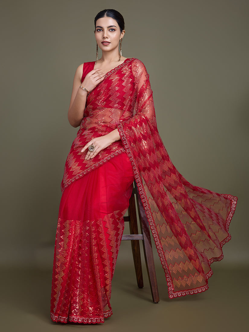Monjolika Fashion Sequin Red Color Net Ultimate Party Wear Fashion Saree | Grocsy