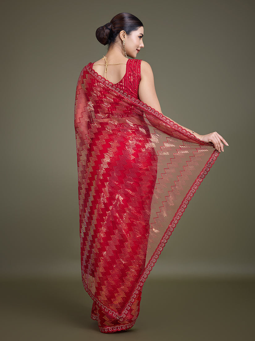 Monjolika Fashion Sequin Red Color Net Ultimate Party Wear Fashion Saree | Grocsy