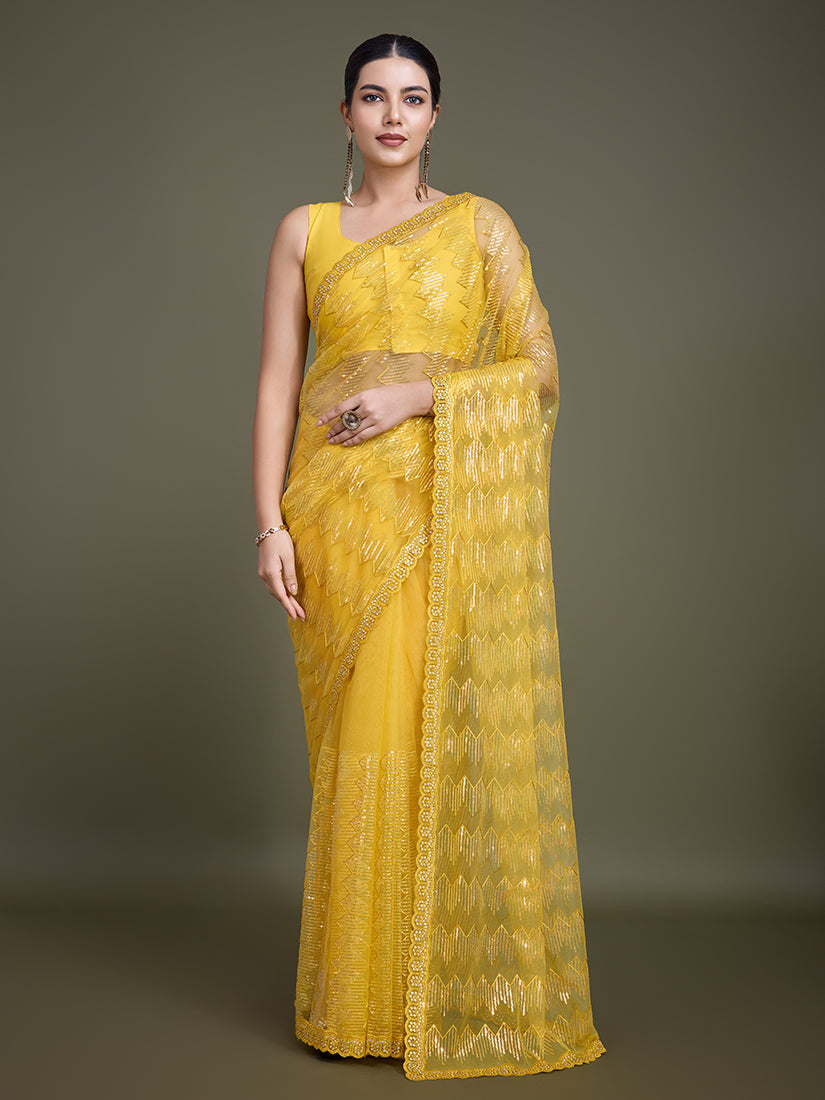Monjolika Fashion Sequin Yellow Color Net Ultimate Party Wear Fashion Saree | Grocsy