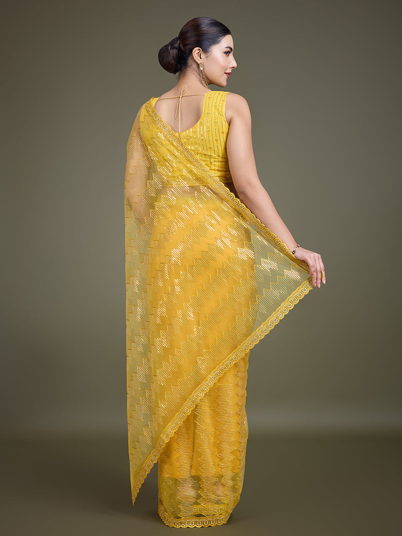 Monjolika Fashion Sequin Yellow Color Net Ultimate Party Wear Fashion Saree | Grocsy