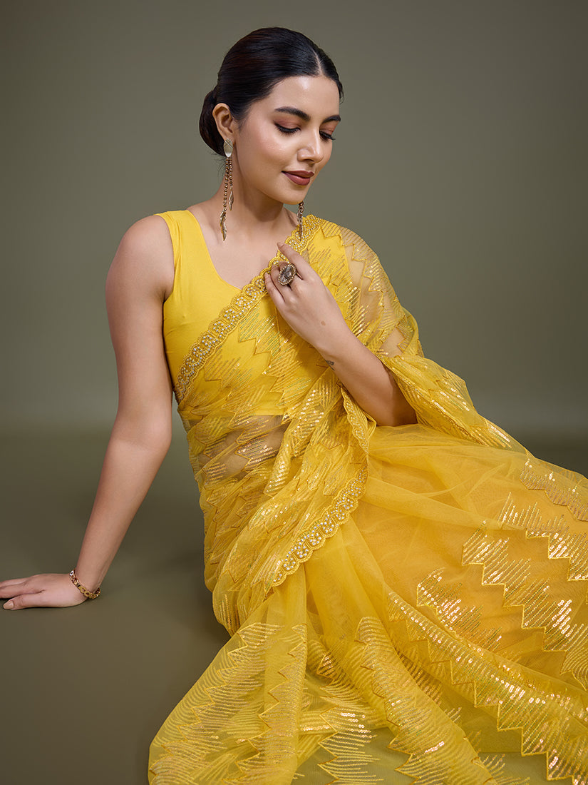 Monjolika Fashion Sequin Yellow Color Net Ultimate Party Wear Fashion Saree | Grocsy