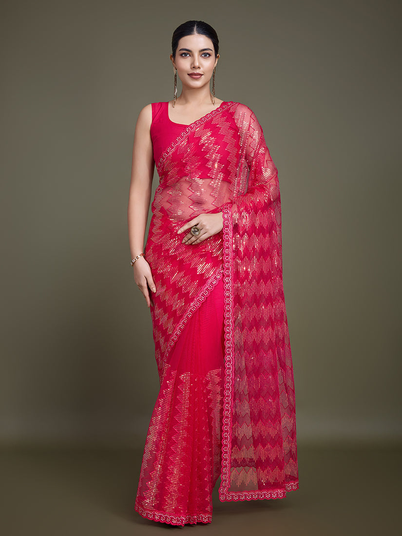Monjolika Fashion Sequin Dark Pink Color Net Ultimate Party Wear Fashion Saree | Grocsy