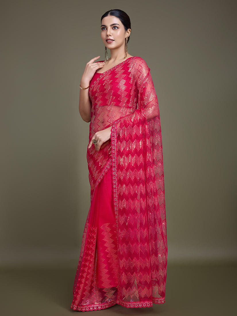 Monjolika Fashion Sequin Dark Pink Color Net Ultimate Party Wear Fashion Saree | Grocsy